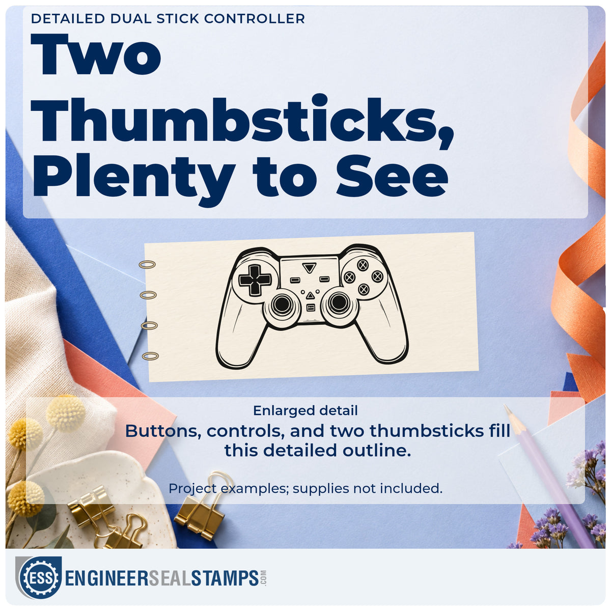 Enlarged detail of the Detailed Dual Stick Controller Stamp – Duo Hand imprint. A detailed outlined game controller shows two thumbsticks, directional controls, and four symbol buttons.