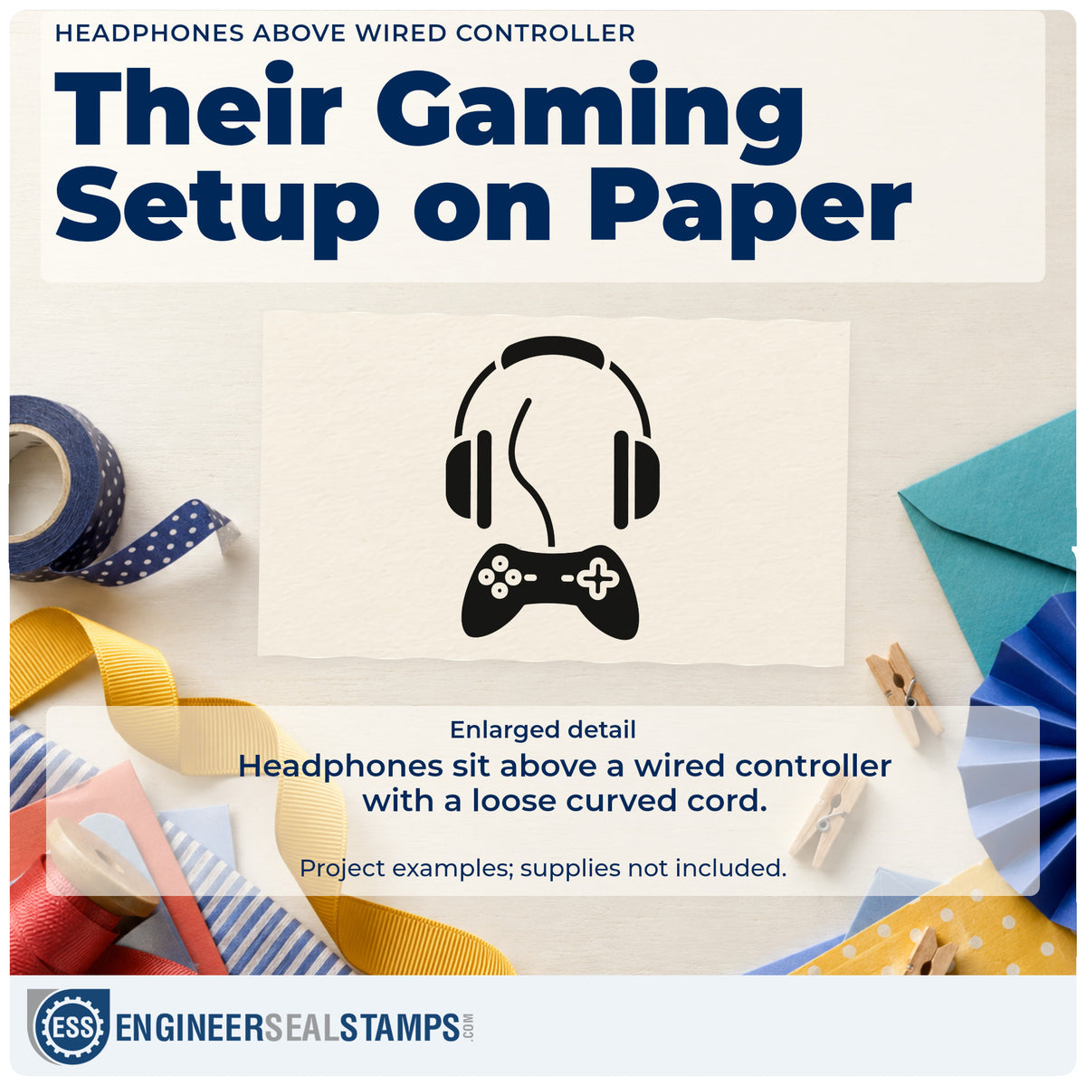 Enlarged detail of the Gamer Headphones And Curved Controller Cord Hand Stamp – Duo imprint. Headphones sit above a wired game controller with a loose curved cord.