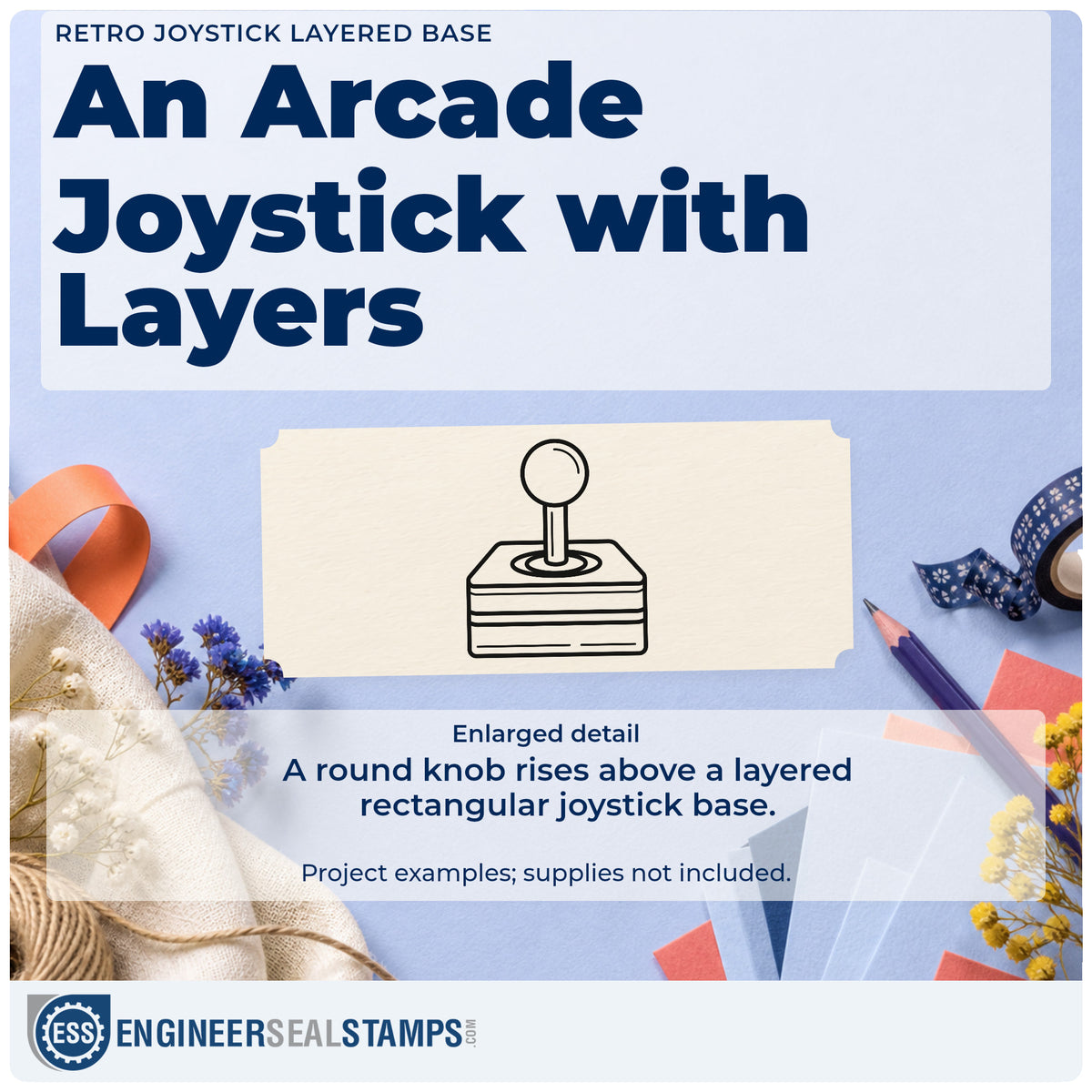 Enlarged detail of the Retro Joystick Layered Base Frame Accent Self-Inking Stamp imprint. An outlined joystick has a round knob and a layered rectangular base.
