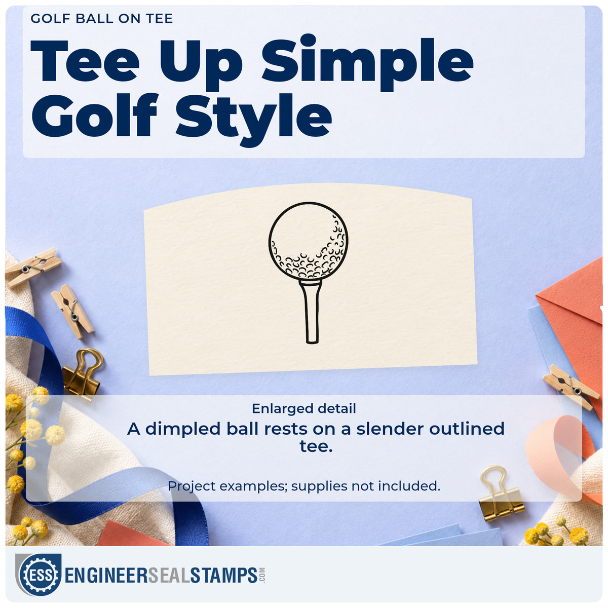 Enlarged detail of the Duo Hand Golf Ball On Tee Rubber Stamp imprint. A dimpled golf ball sits on a slender outlined tee.