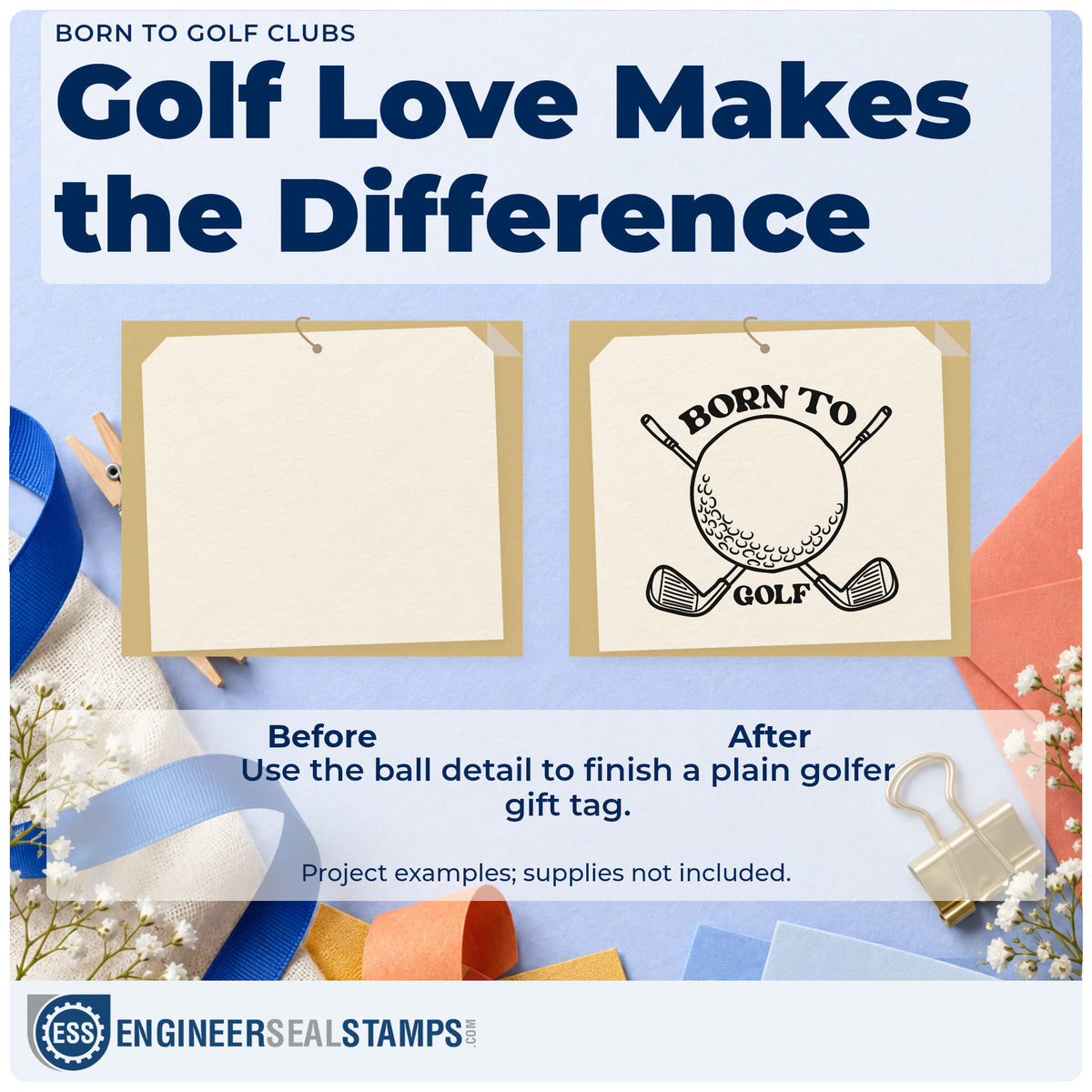 Before and after of a plain item finished with the Born To Golf Crossed Club Lettering Stamp – Slim Pre-Inked, a quick upgrade for framed club foyer.