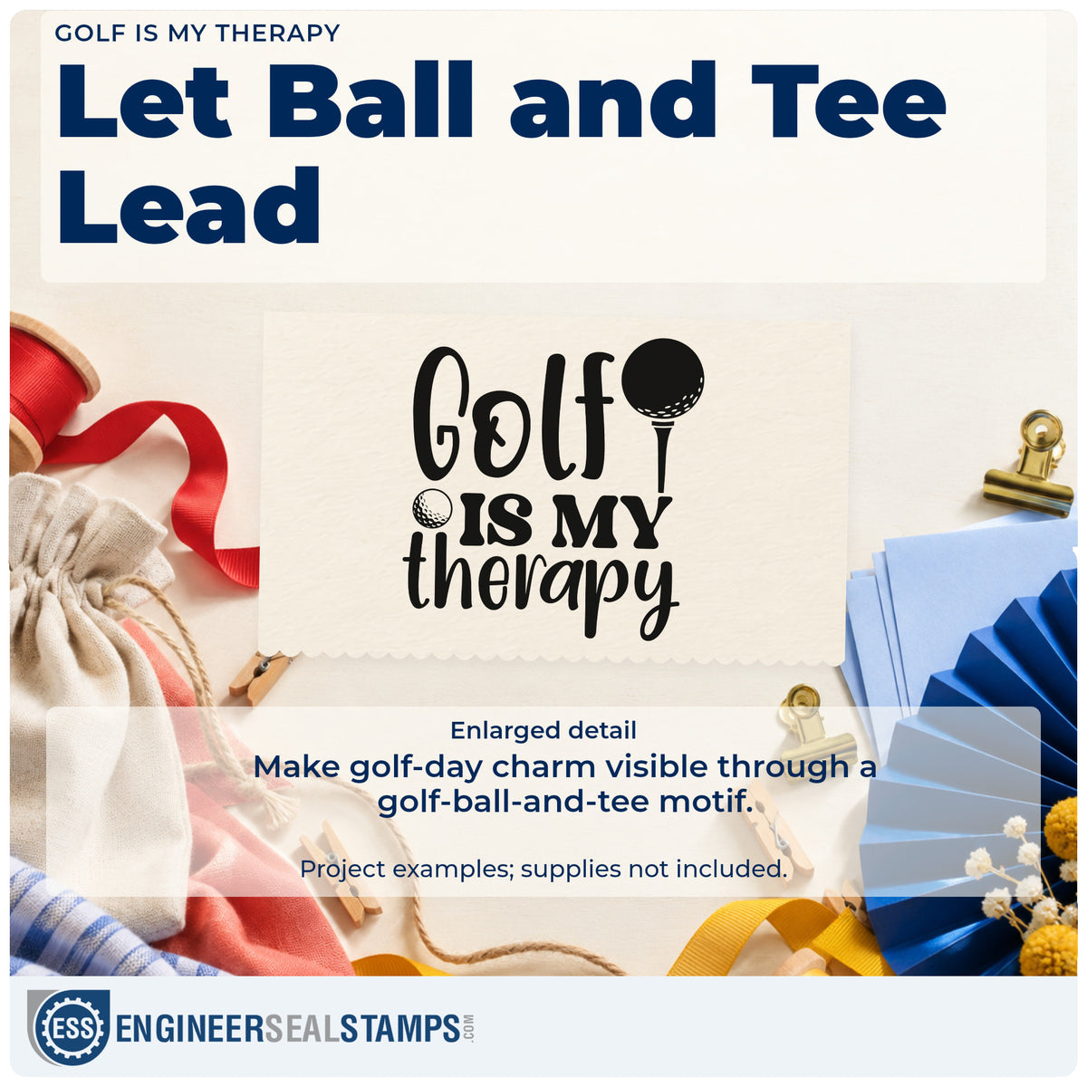 Enlarged detail of the Golf Therapy Tee And Ball Lettering Hand Stamp – Duo imprint. Golf IS MY therapy appears with a golf ball on a tee and a small loose ball.