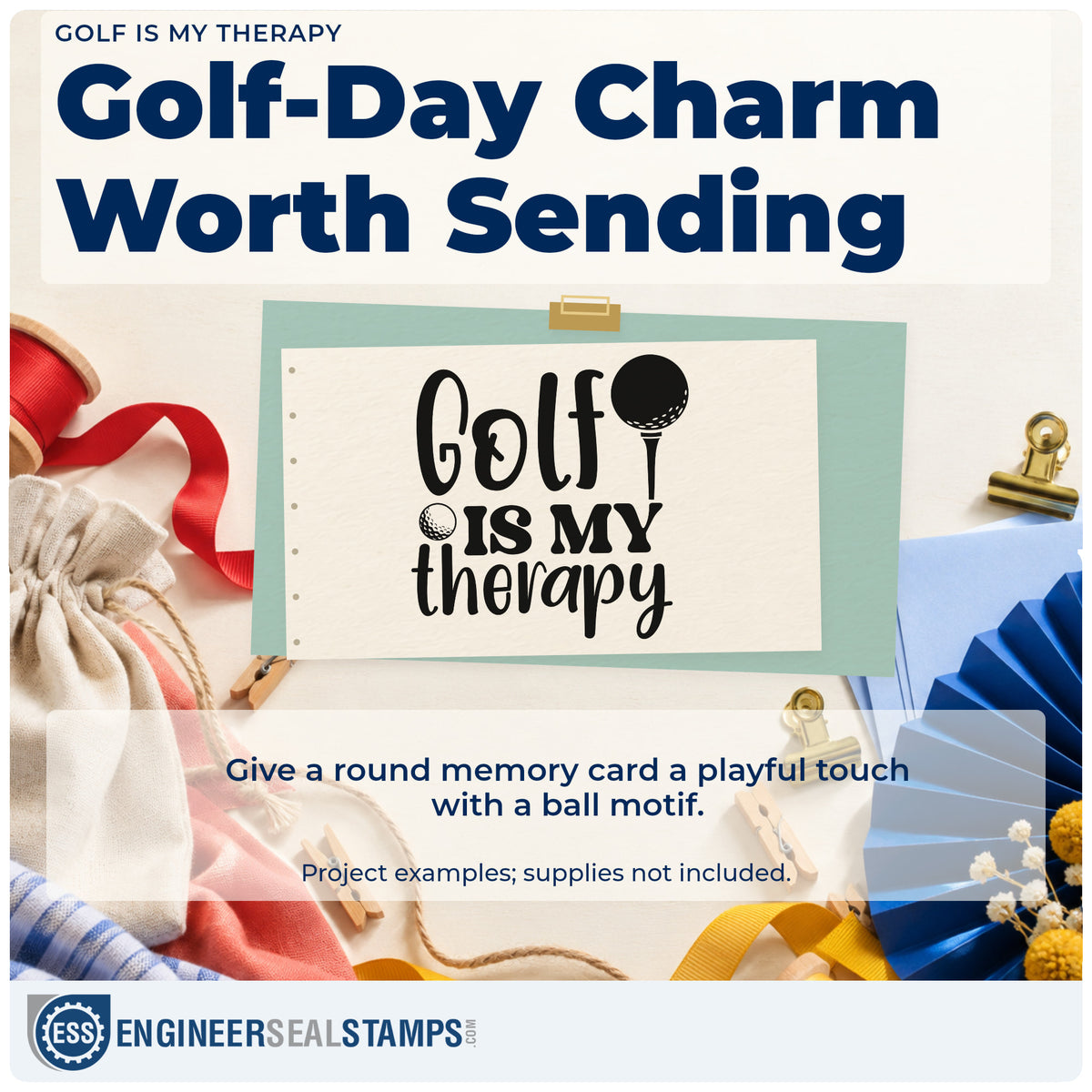 A finished handmade project stamped with the Golf Therapy Tee And Ball Lettering Hand Stamp – Duo, ideal for range album page.