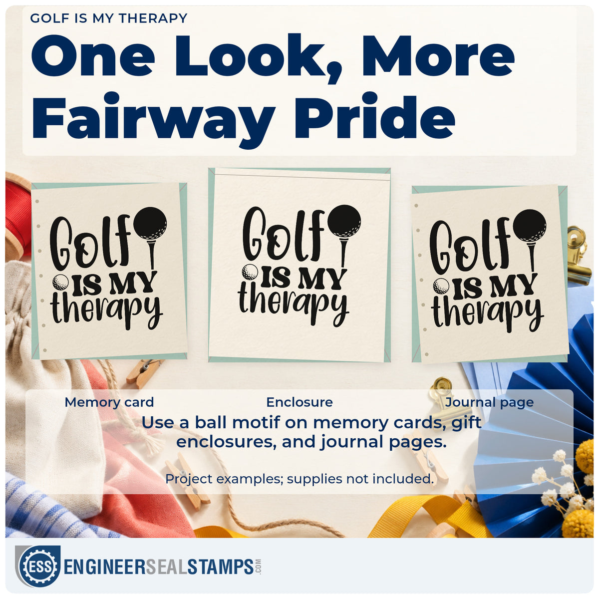 Three project examples made with the Golf Therapy Tee And Ball Lettering Hand Stamp – Duo, including session log sheet.