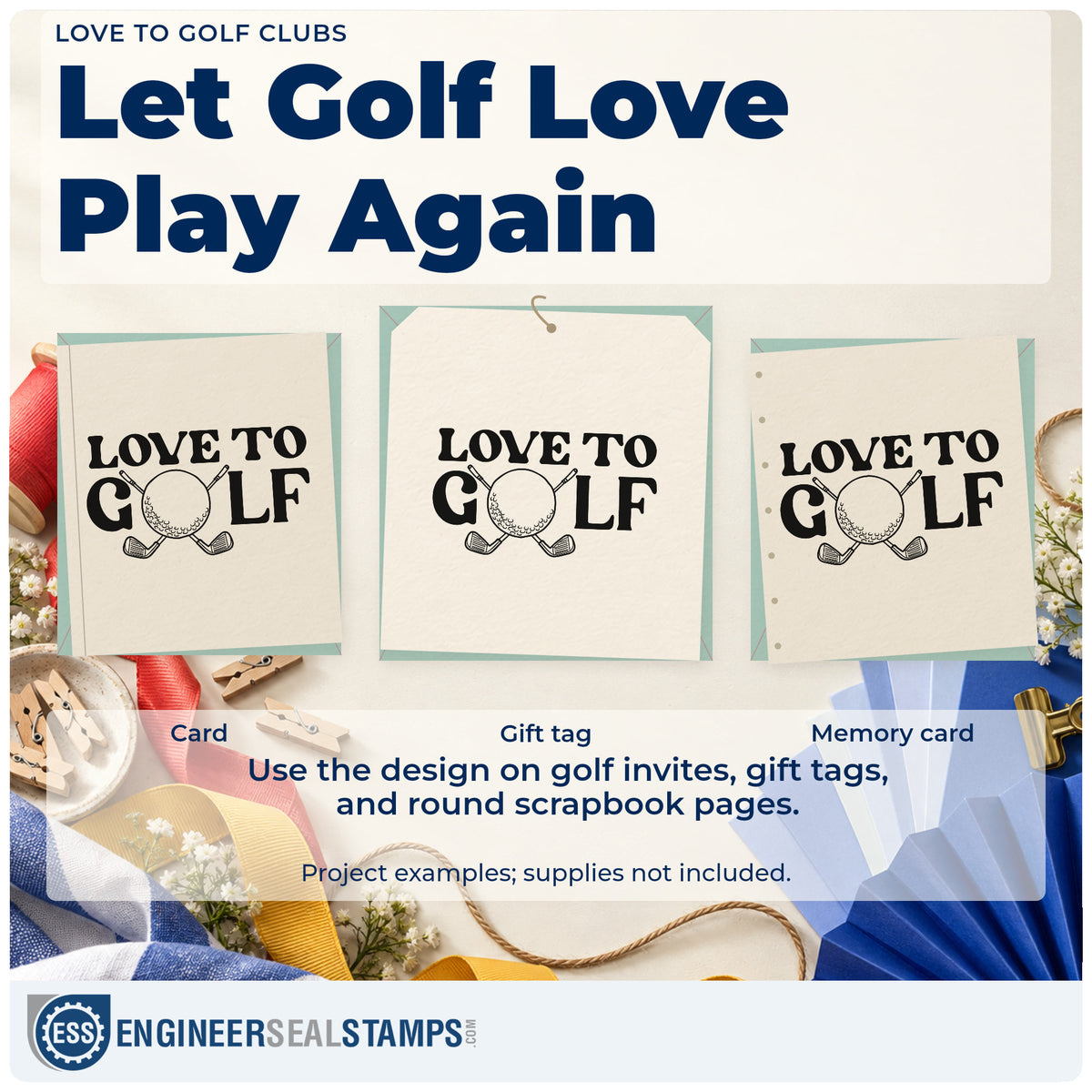 Three project examples made with the Self-Inking Love To Golf Clubs Stamp, including round book sheet.