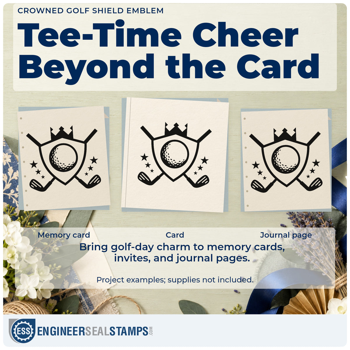 Three project examples made with the Crowned Golf Shield Emblem With Stars Rubber Stamp – Duo Hand, including final score sheet.