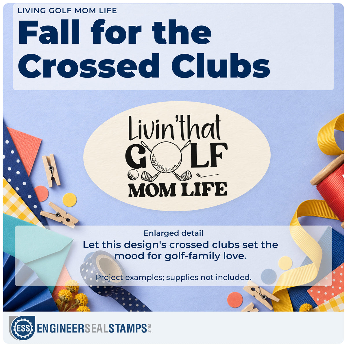 Enlarged detail of the Golf Mom Life Ball And Clubs Hand Stamp – Duo imprint. Livin' that GOLF MOM LIFE uses a golf ball and crossed clubs in the word GOLF.