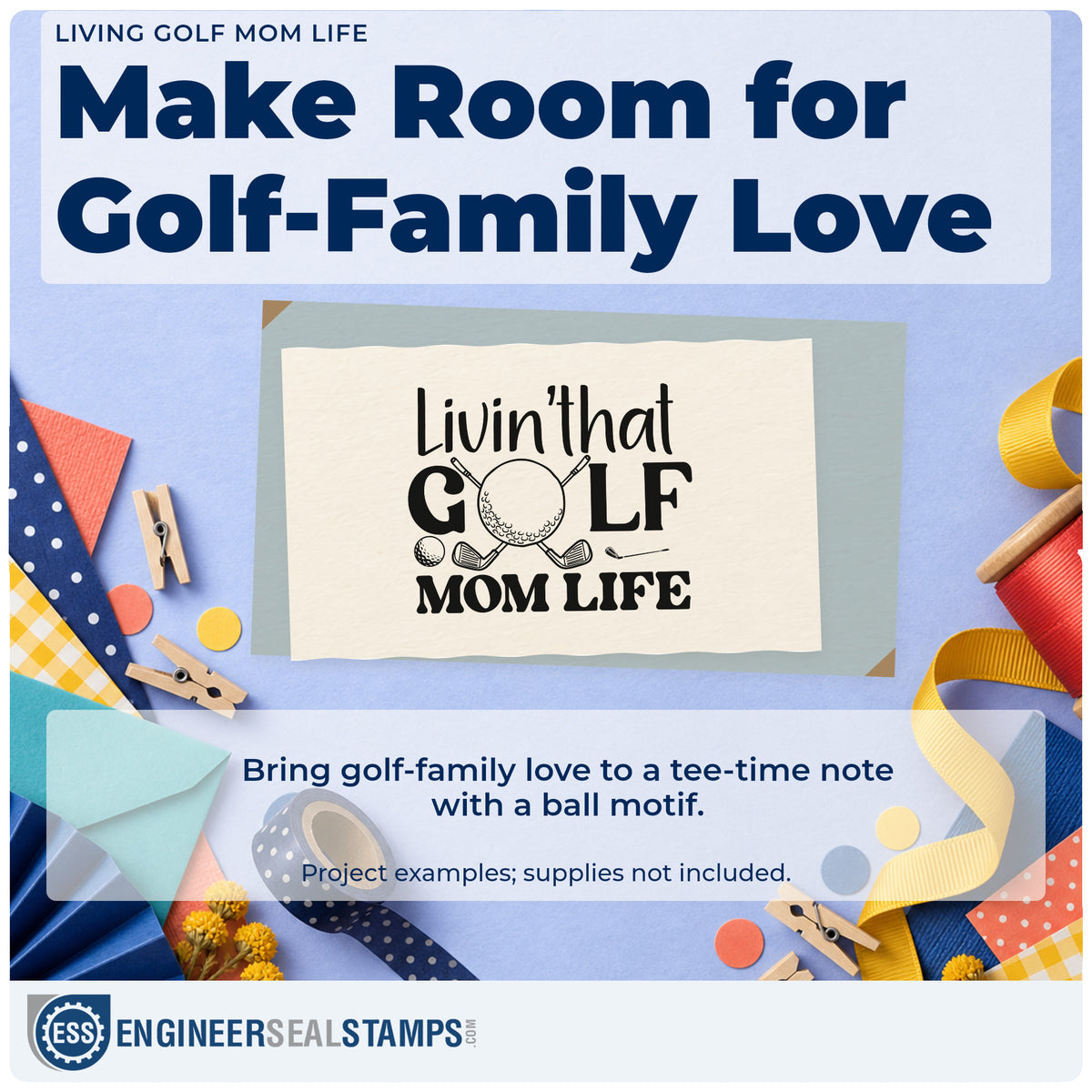 A finished handmade project stamped with the Golf Mom Life Ball And Clubs Pre-Inked Stamp – Slim, ideal for junior season album page.