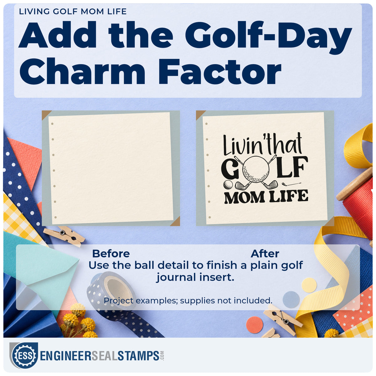 Before and after of a plain item finished with the Golf Mom Life Ball And Clubs PSI Pre-Inked Stamp, a quick upgrade for framed garage hook.