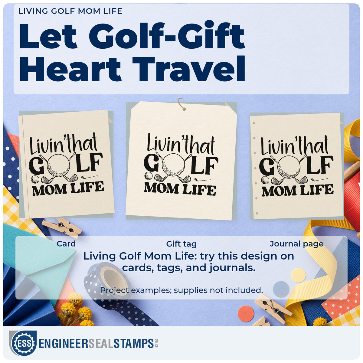 Three project examples made with the Golf Mom Life Ball And Clubs Pre-Inked Stamp – Slim, including event entry sheet.