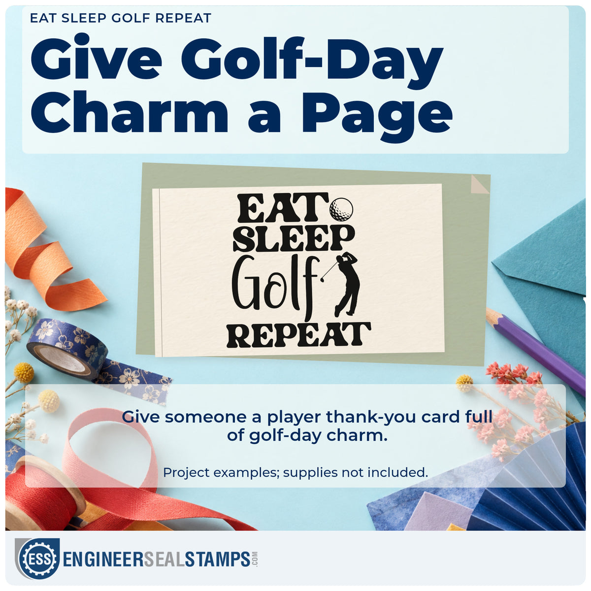 A finished handmade project stamped with the Eat Sleep Golf Repeat Pre-Inked Stamp – Slim, ideal for summer week album page.