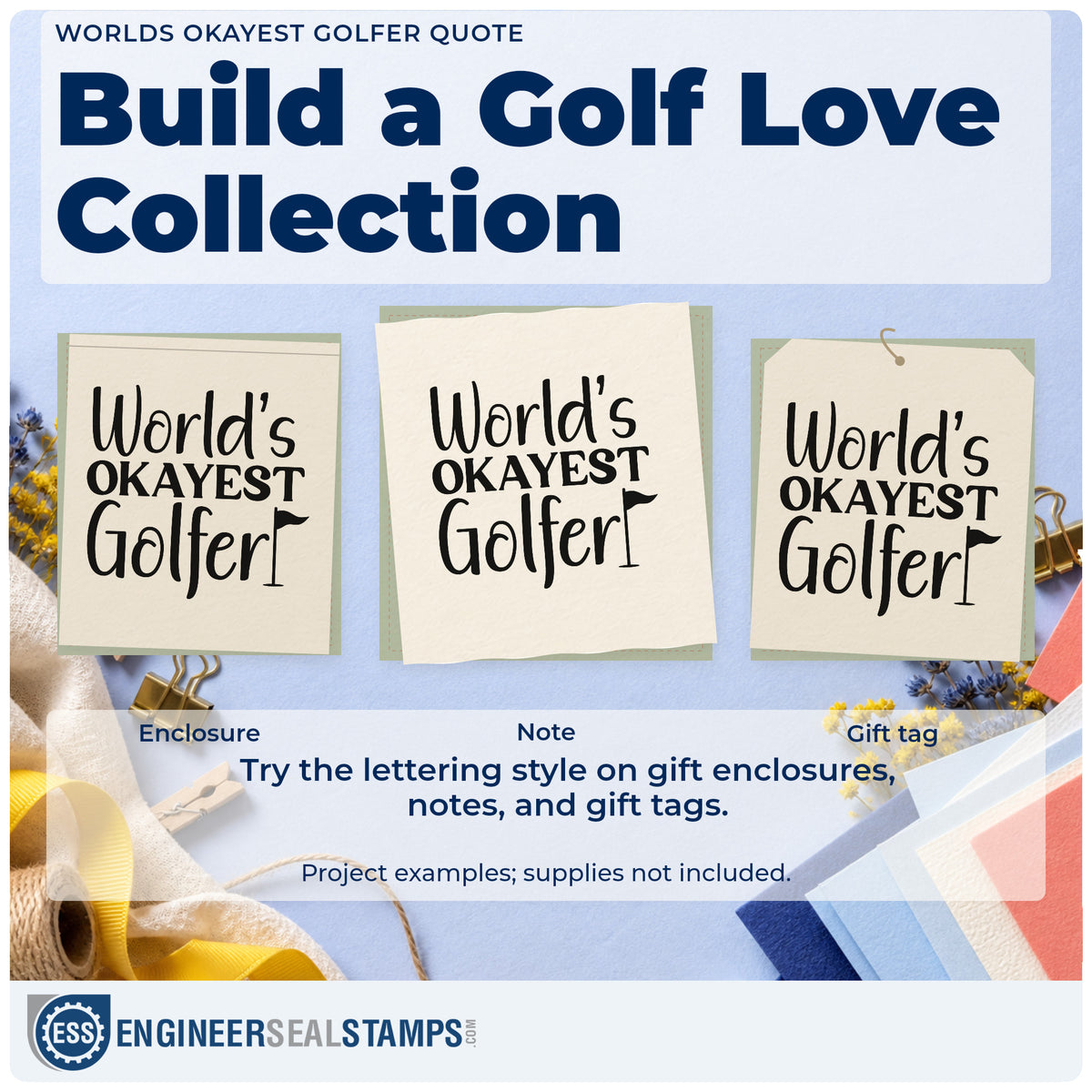 Three project examples made with the Worlds Okayest Golfer Word Art Self-Inking Stamp, including score improve sheet.