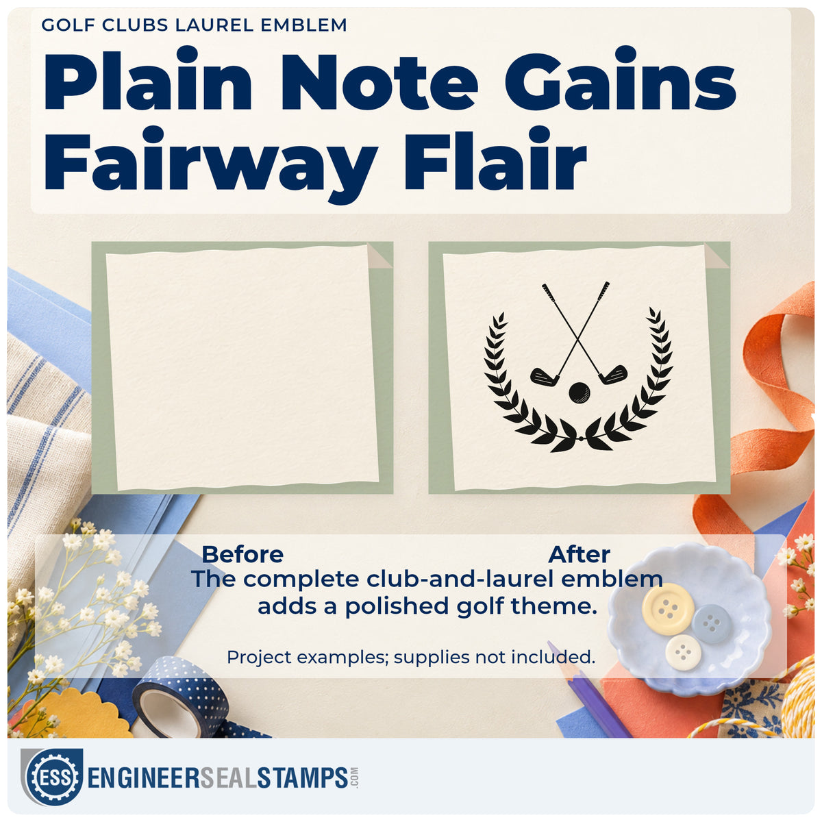 Before and after of a plain item finished with the Golf Clubs Laurel Emblem Leaf Accents Pre-Inked Stamp – PSI, a quick upgrade for framed club corridor.