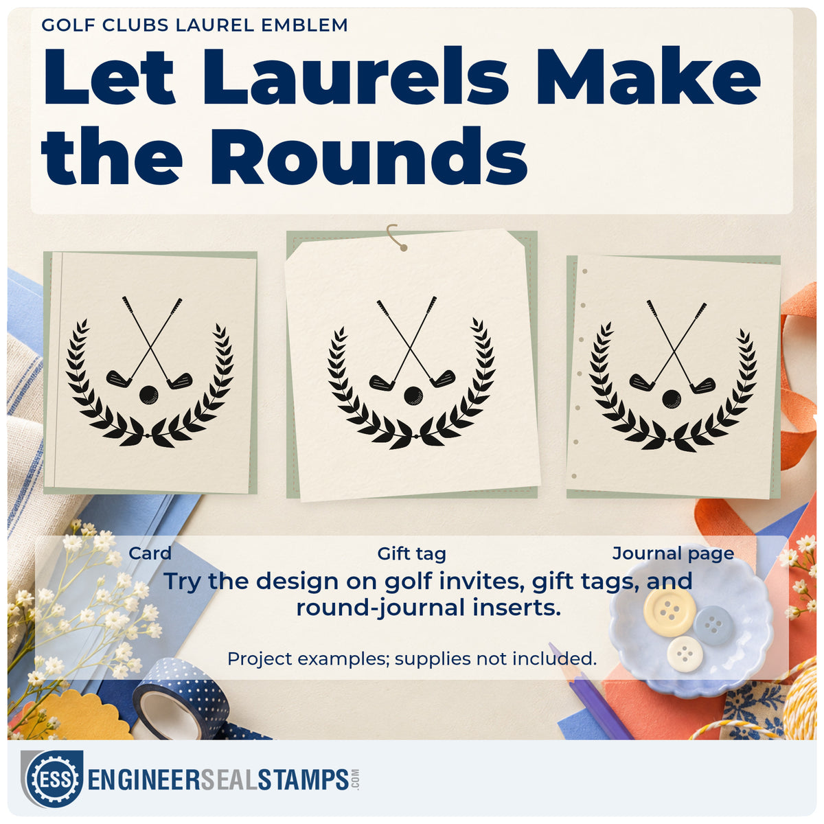 Three project examples made with the Golf Clubs Laurel Emblem Leaf Accents Slim Pre-Inked Stamp, including history time sheet.