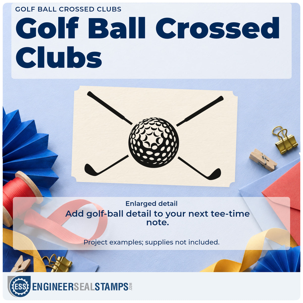 Enlarged detail of the Golf Ball With Two Crossed Clubs Pre-Inked Stamp – Slim imprint. A detailed dimpled golf ball sits at the crossing of two angled clubs.