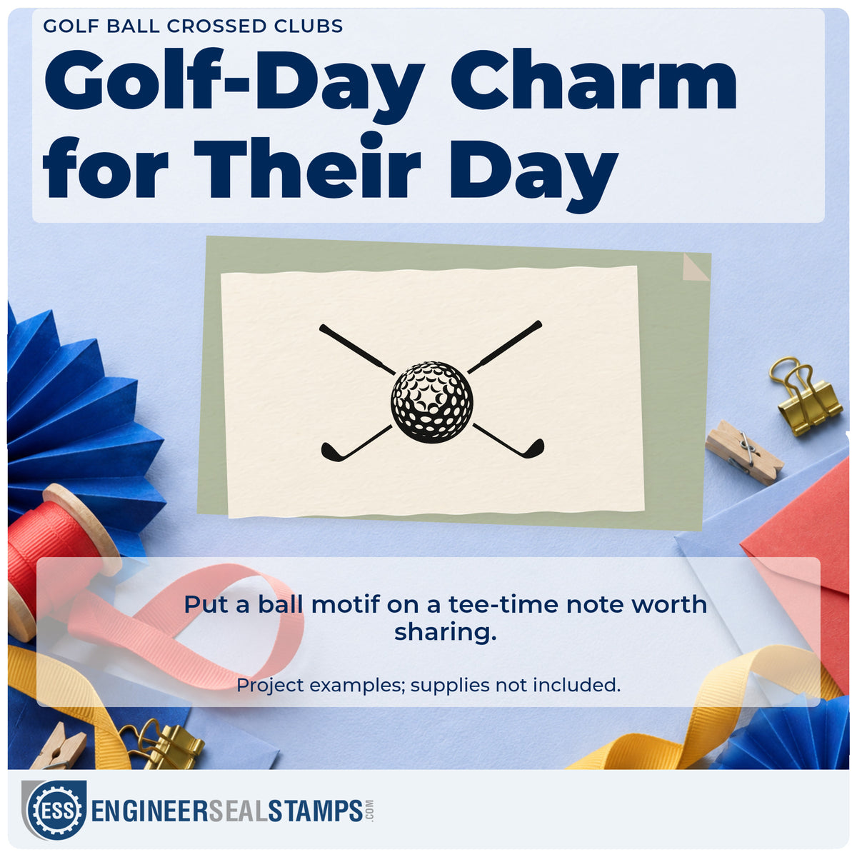 A finished handmade project stamped with the Golf Ball With Two Crossed Clubs Pre-Inked Stamp – Slim, ideal for engrave album page.
