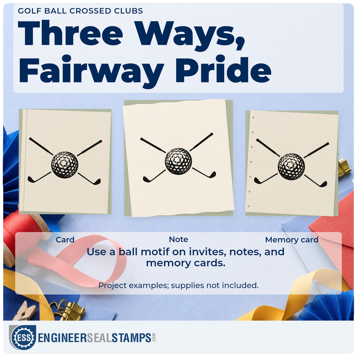 Three project examples made with the Vintage Pro Golf Ball With Two Crossed Clubs Premium Wooden Stamp, including order queue sheet.