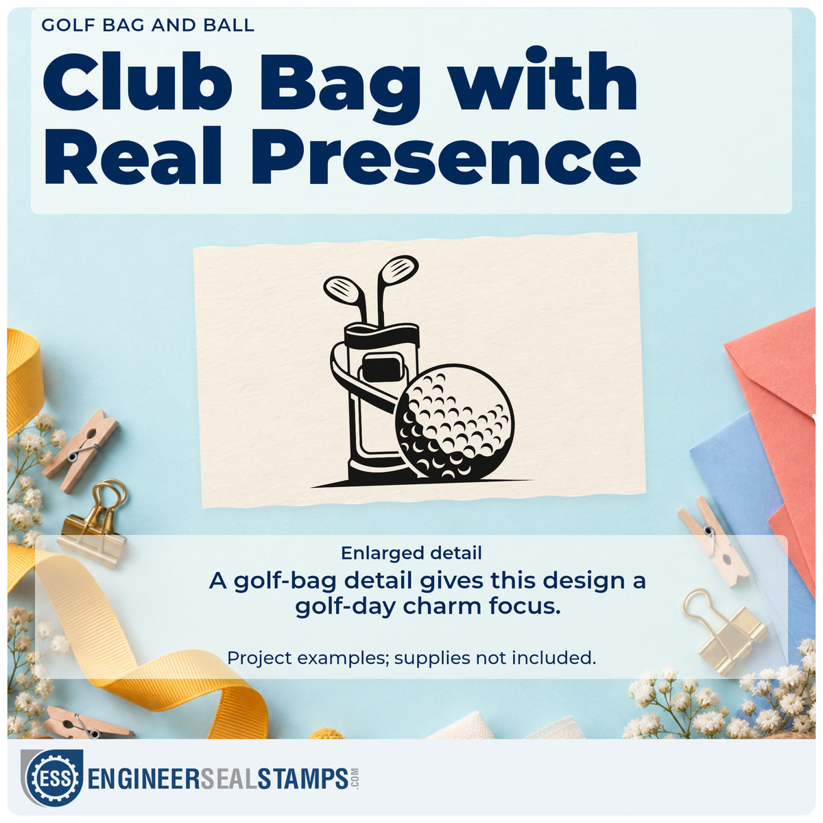 Enlarged detail of the Dimpled Golf Ball Beside Club Bag Rubber Stamp – Duo Hand imprint. A golf bag holding two clubs stands beside a large dimpled ball.