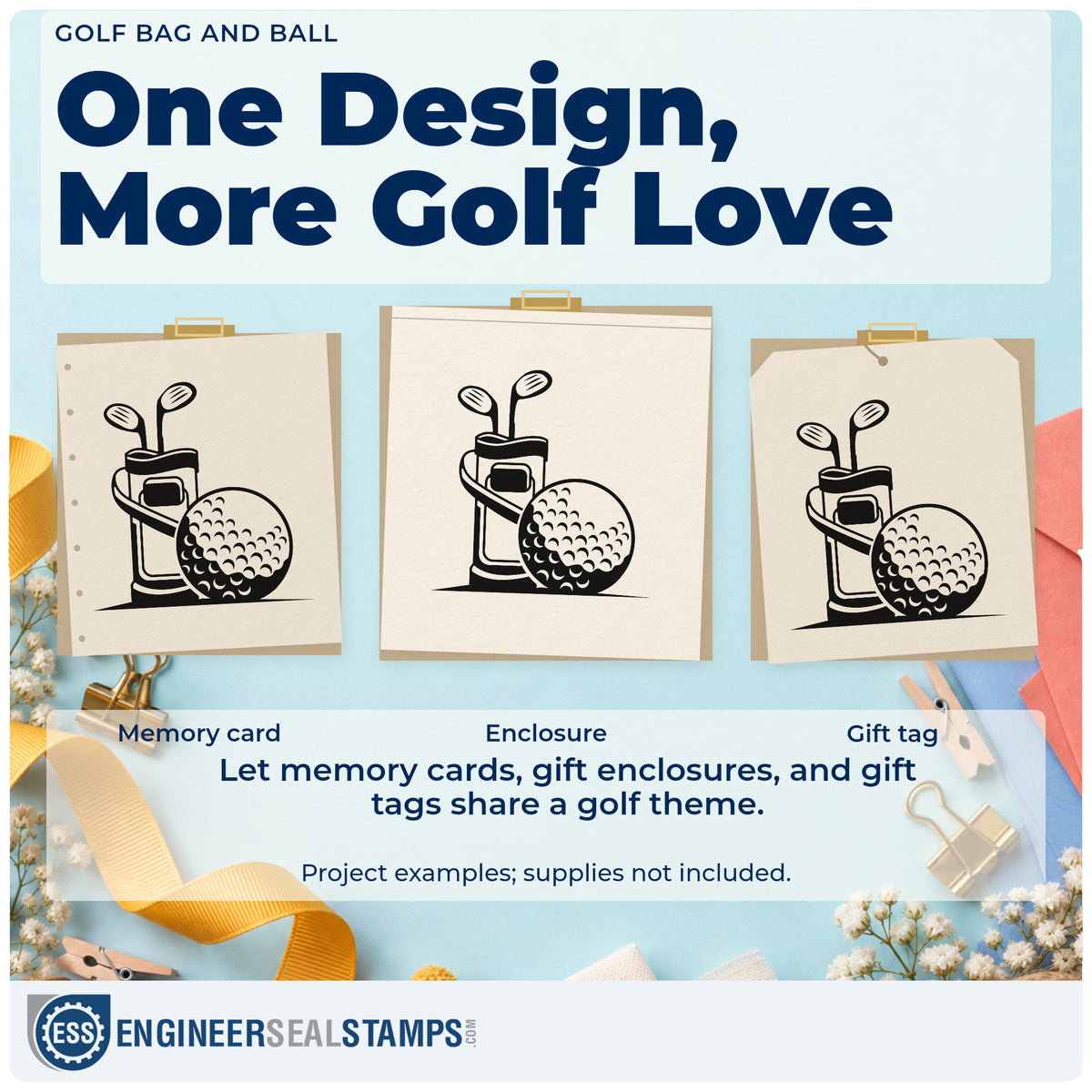 Three project examples made with the Dimpled Golf Ball Beside Club Bag Pre-Inked Stamp – PSI, including ship book sheet.