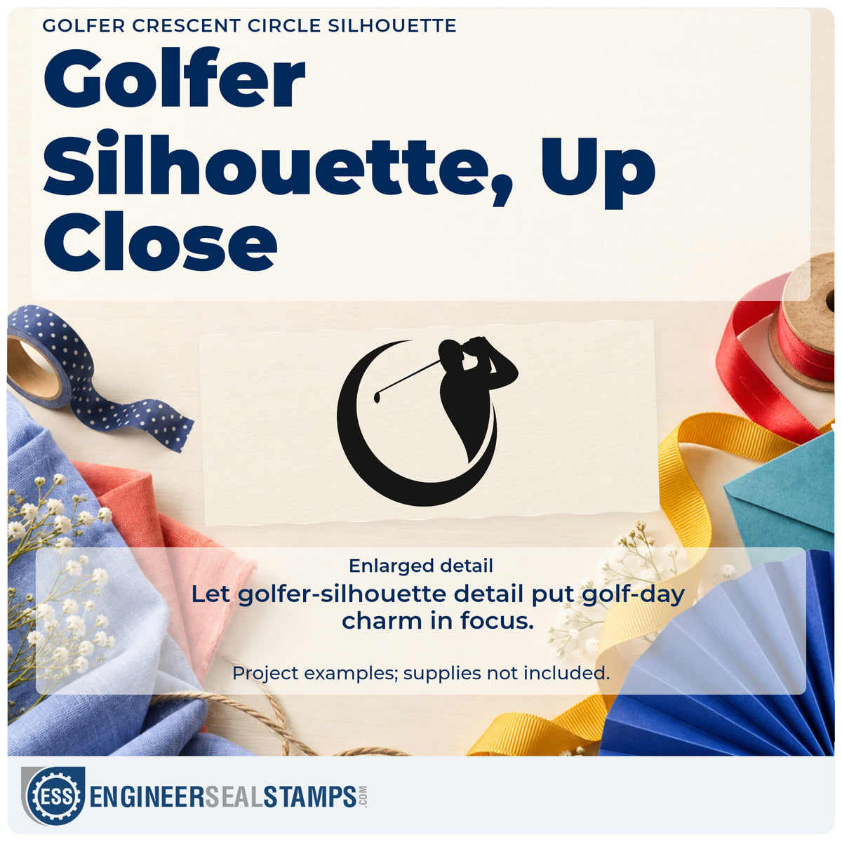 Enlarged detail of the Golf Swing In A Crescent Frame Hand Stamp – Duo imprint. A golfer finishing a swing appears inside a sweeping crescent-shaped circle.