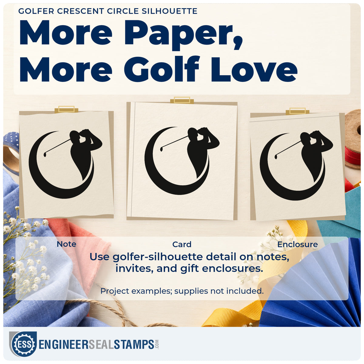 Three project examples made with the Golf Swing In A Crescent Frame Hand Stamp – Duo, including review note sheet.