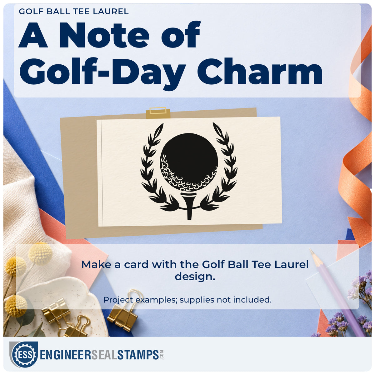 A finished handmade project stamped with the Self-Inking Golf Ball Tee Laurel Leaf Accents Stamp, ideal for seniors album page.