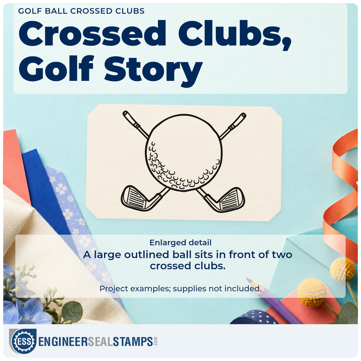 Enlarged detail of the Golf Ball Crossed Clubs Rubber Stamp – Duo Hand imprint. A large outlined golf ball sits in front of two crossed golf clubs.