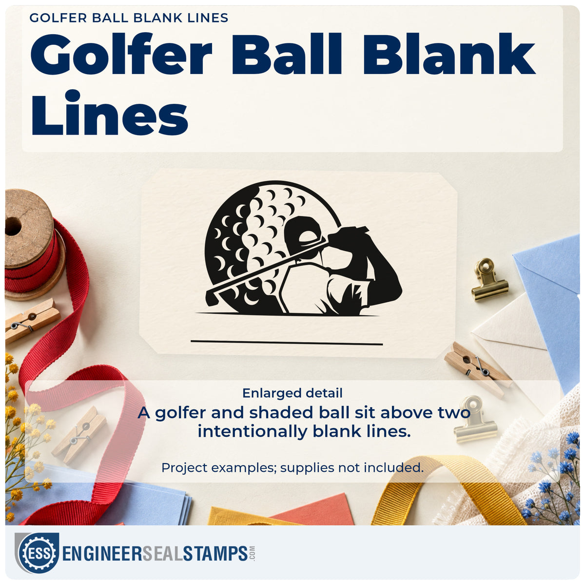 Enlarged detail of the Golfer Ball Blank Lines Stamp – Premium Vintage Pro Wooden imprint. A golfer finishing a swing appears before a large shaded ball above two blank horizontal lines.