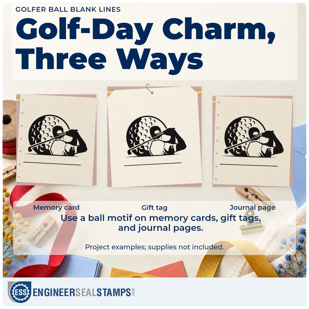 Three project examples made with the Golfer Ball Blank Lines Stamp – Premium Vintage Pro Wooden, including order queue sheet.