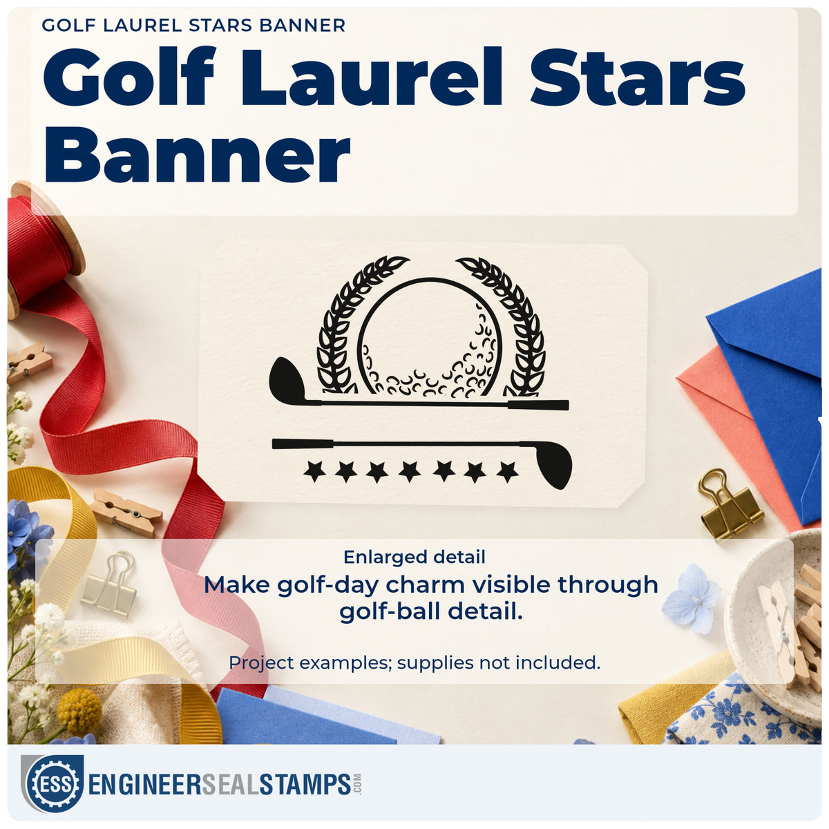 Enlarged detail of the Golf Laurel Stars Banner Frame Accent Self-Inking Stamp imprint. A golf ball framed by laurels sits above two horizontal clubs and a row of stars.