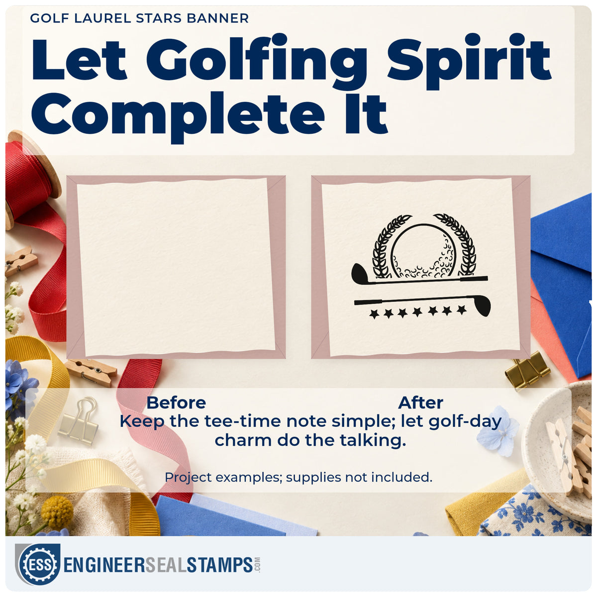 Before and after of a plain item finished with the Golf Laurel Stars Banner Frame Accent Self-Inking Stamp, a quick upgrade for framed school case.