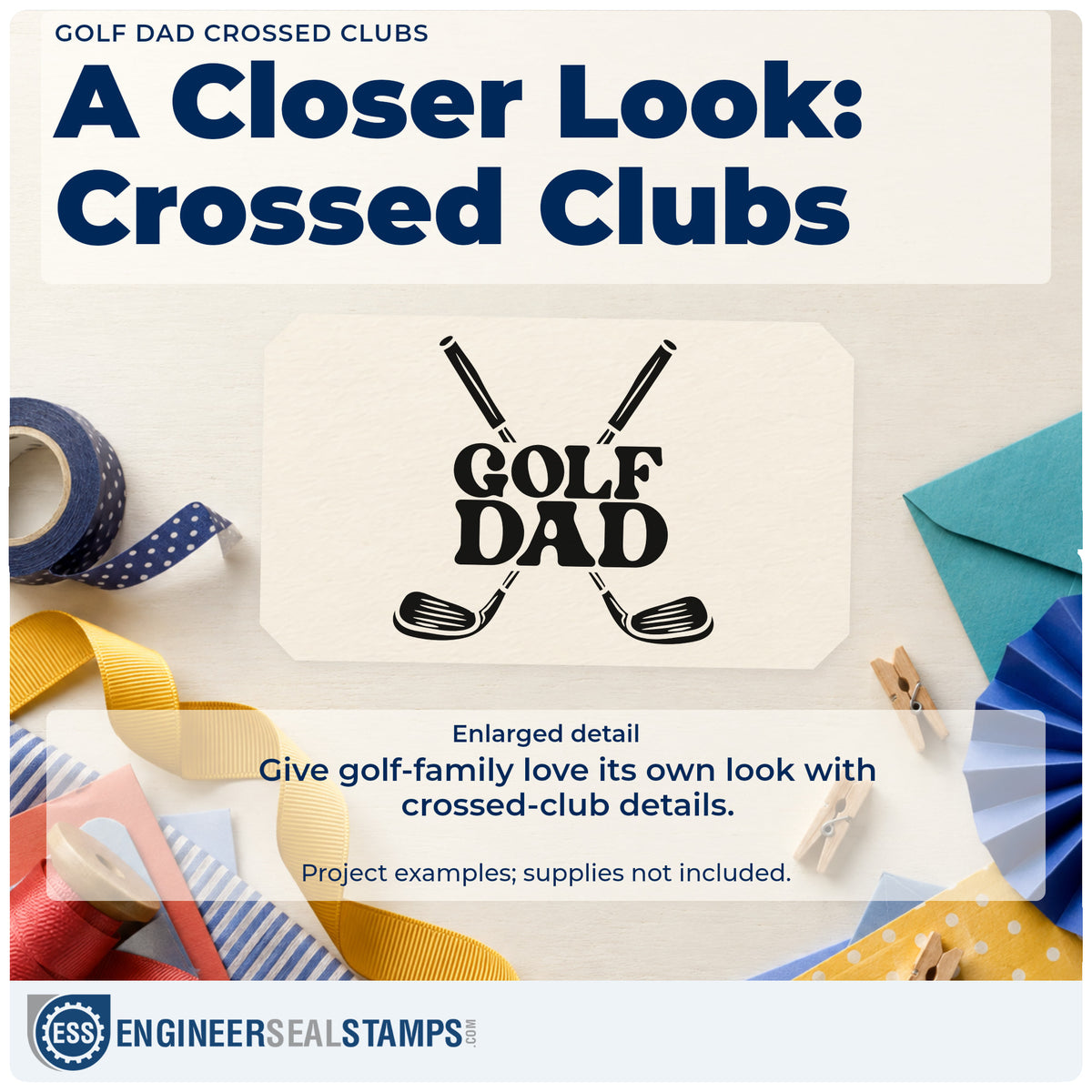 Enlarged detail of the Golf Dad Crossed Clubs Hand Stamp – Duo imprint. GOLF DAD appears in bold capitals over two crossed golf clubs.