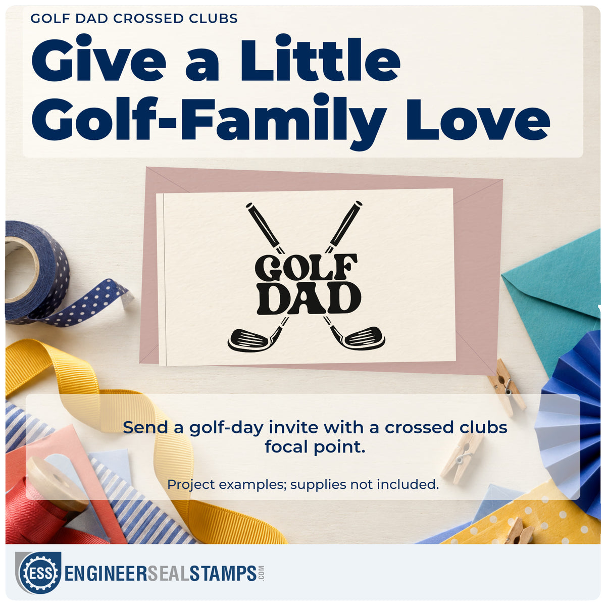 A finished handmade project stamped with the Golf Dad Crossed Clubs Craft Stamp – Self-Inking, ideal for sim build album page.