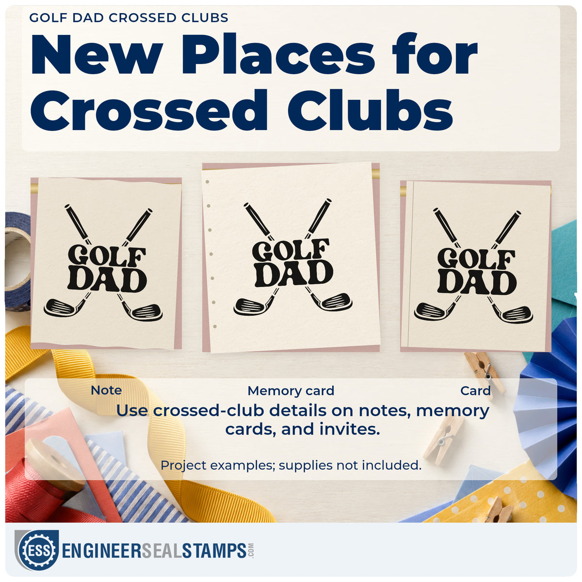Three project examples made with the Golf Dad Crossed Clubs Pre-Inked Stamp – Slim, including build stage sheet.