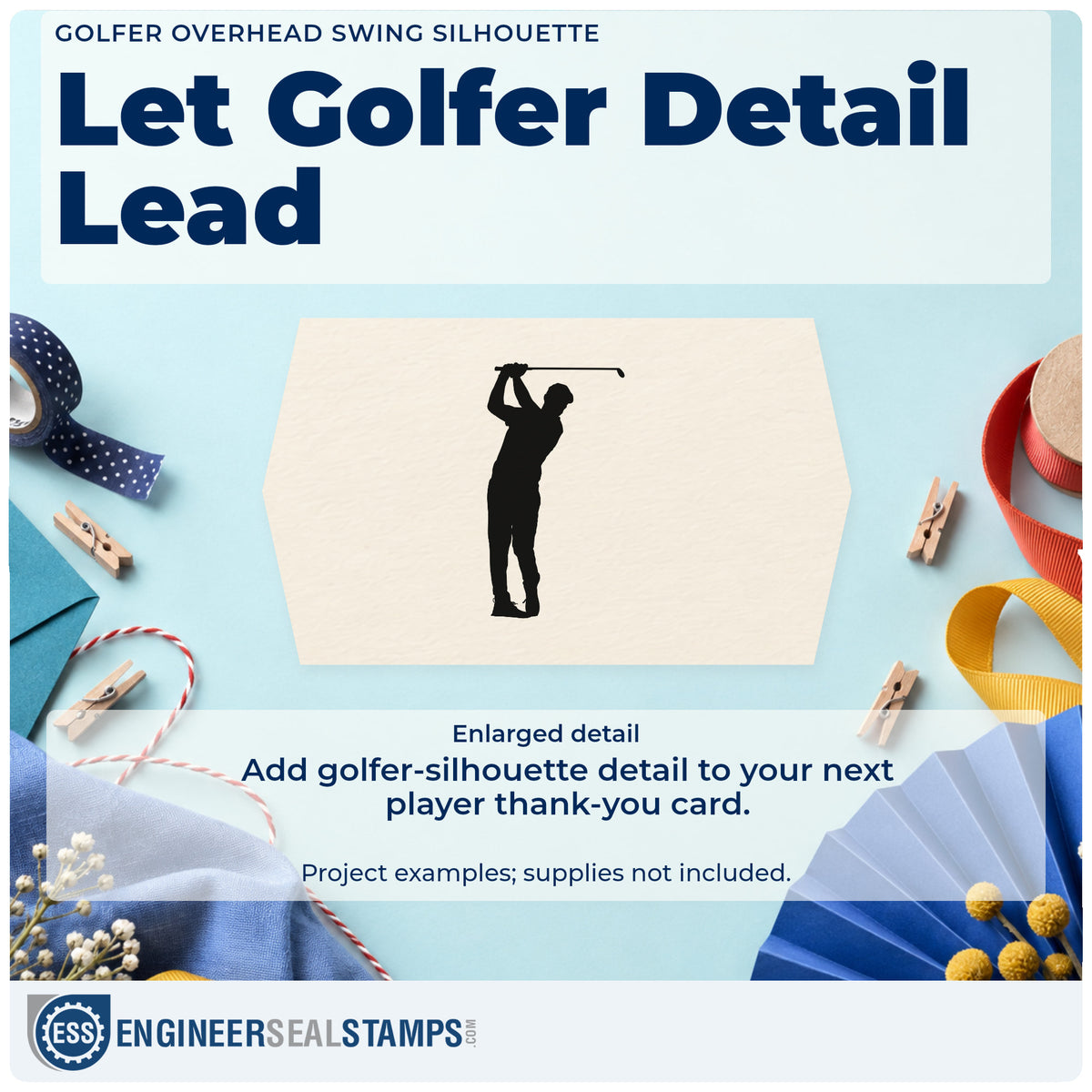 Enlarged detail of the Golfer Overhead Swing Silhouette PSI Pre-Inked Stamp imprint. A standing golfer silhouette holds a club overhead at the end of a swing.