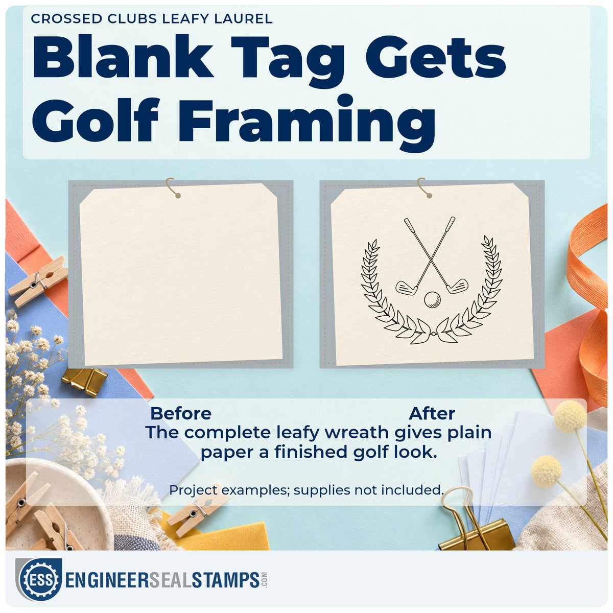 Before and after of a plain item finished with the Crossed Clubs Leafy Laurel Rubber Stamp – Wood Handle, a quick upgrade for framed club entry.