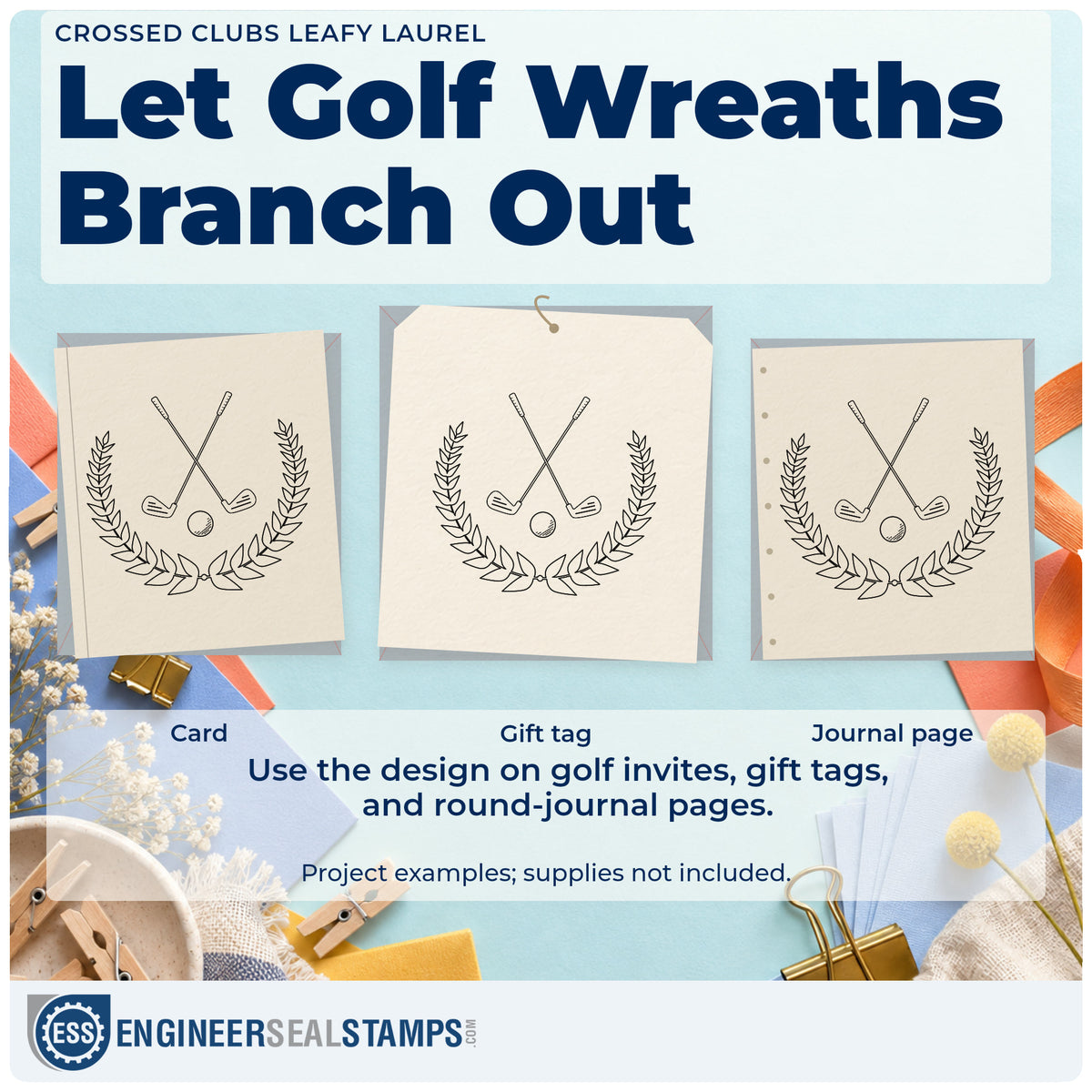 Three project examples made with the Crossed Clubs Leafy Laurel Rubber Stamp – Wood Handle, including format plan sheet.