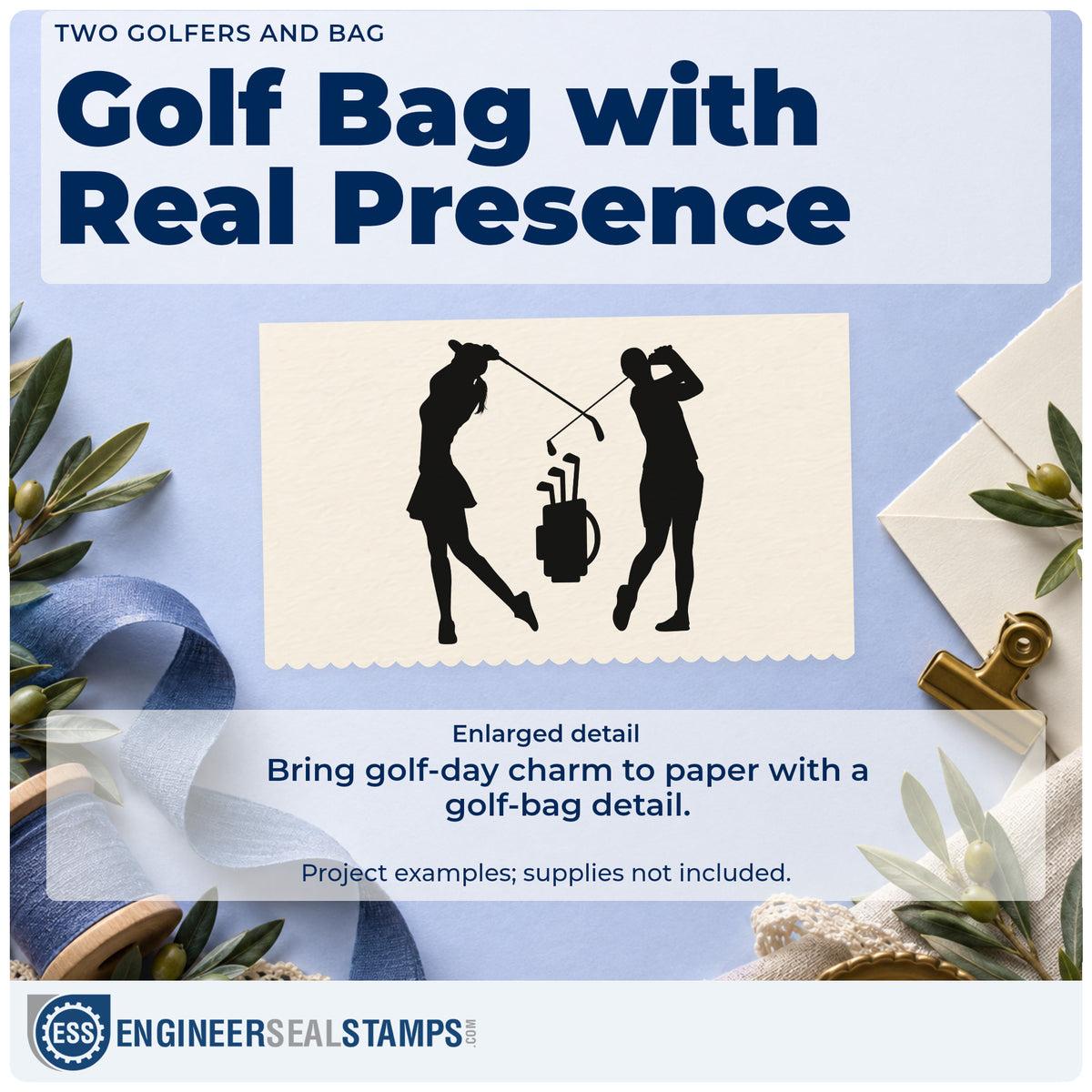 Enlarged detail of the Two Golfers And Bag Slim Pre-Inked Stamp imprint. Two golfer silhouettes flank a golf bag with their raised clubs crossing above it.