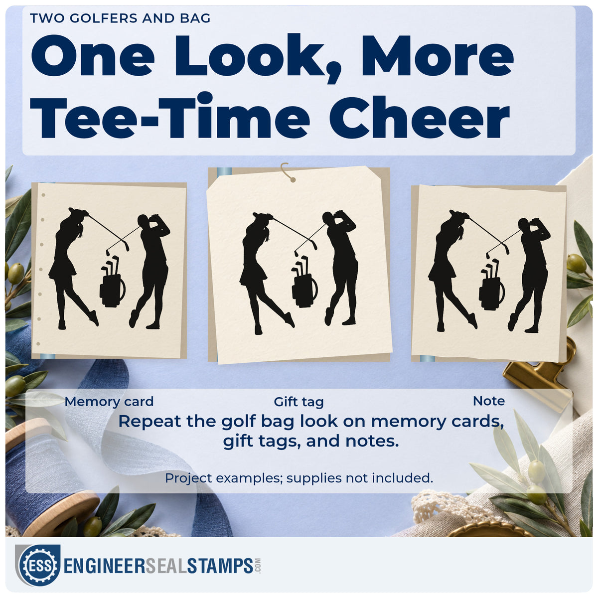 Three project examples made with the Two Golfers And Bag Premium Wooden Stamp – Vintage Pro, including format score sheet.
