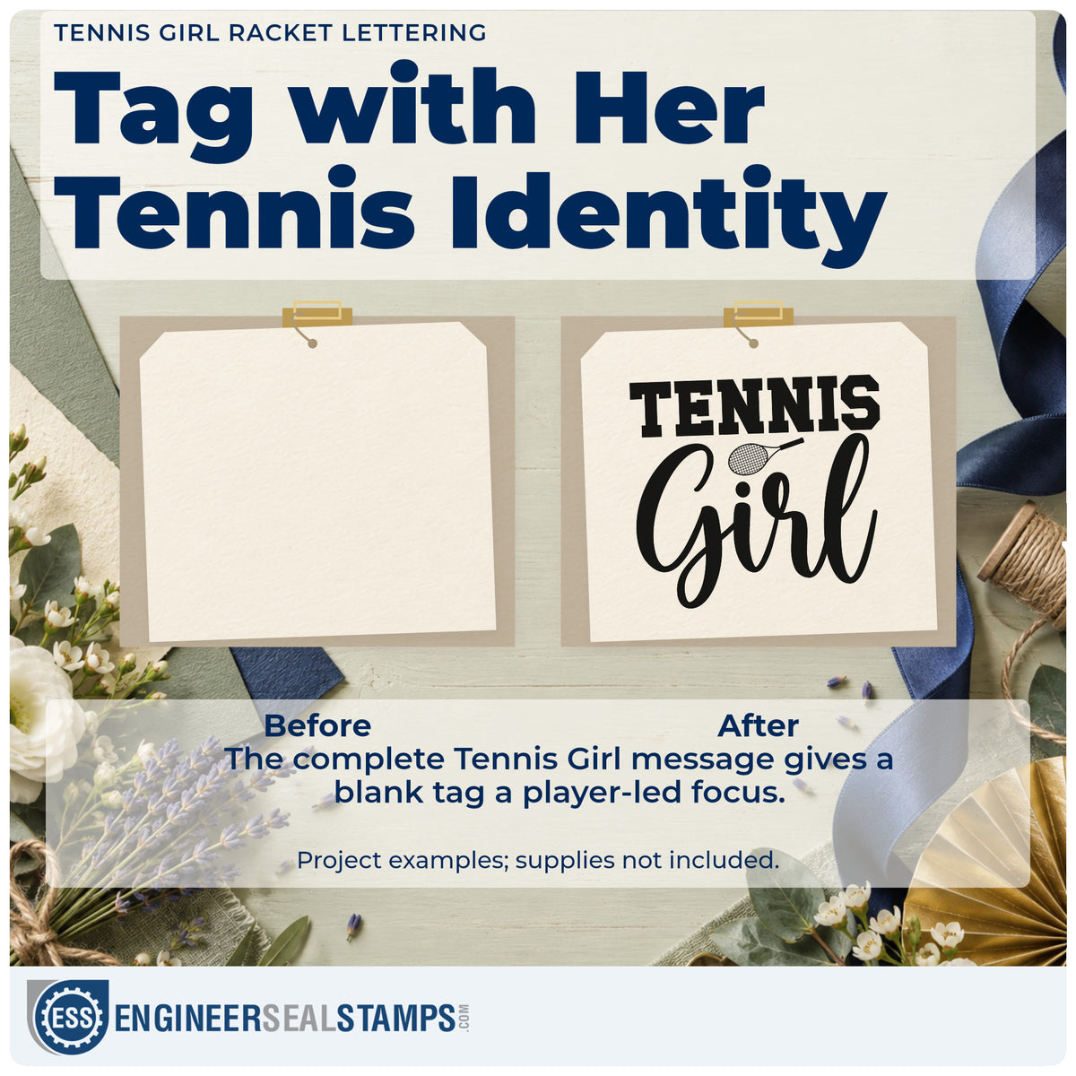 Before and after of a plain item finished with the Tennis Girl Racket Lettering Rubber Stamp – Wood Handle, a quick upgrade for framed court fence.