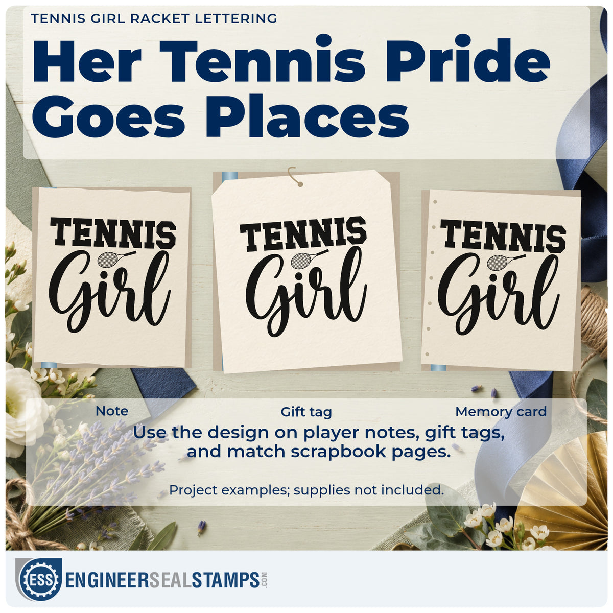 Three project examples made with the Pre-Inked Tennis Girl Racket Lettering Stamp – PSI, including match result sheet.