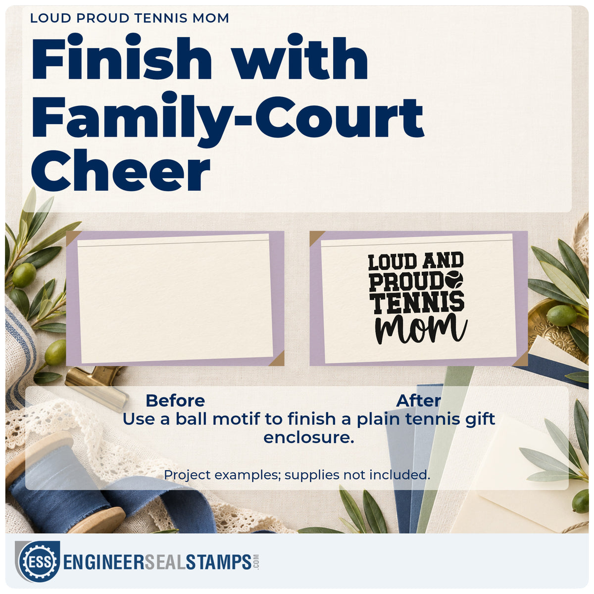 Before and after of a plain item finished with the Loud And Proud Tennis Mom Stamp – Wood Handle, a quick upgrade for framed garage hook.