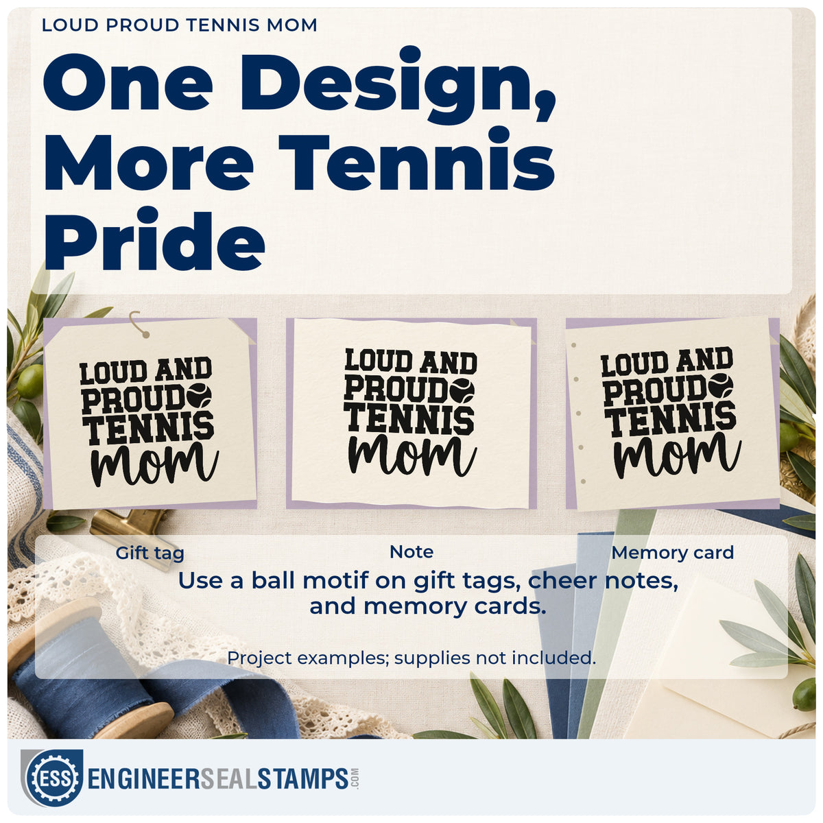 Three project examples made with the Loud And Proud Tennis Mom Rubber Stamp – Duo Hand, including draw track sheet.