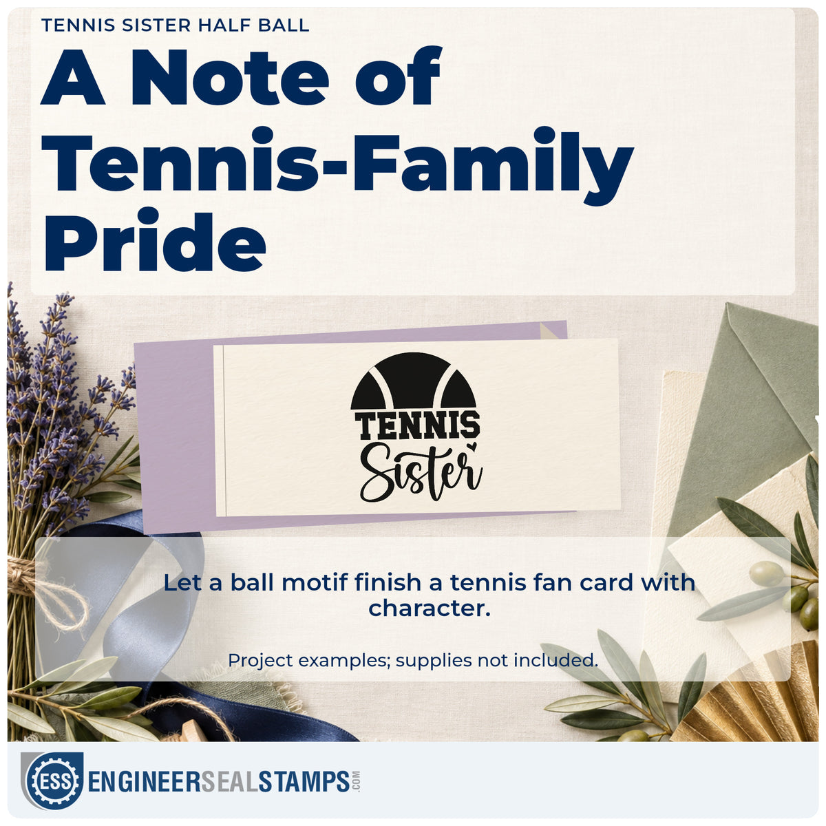 A finished handmade project stamped with the Tennis Sister Half Ball With Hearts Rubber Stamp – Wood Handle, ideal for stand season album page.