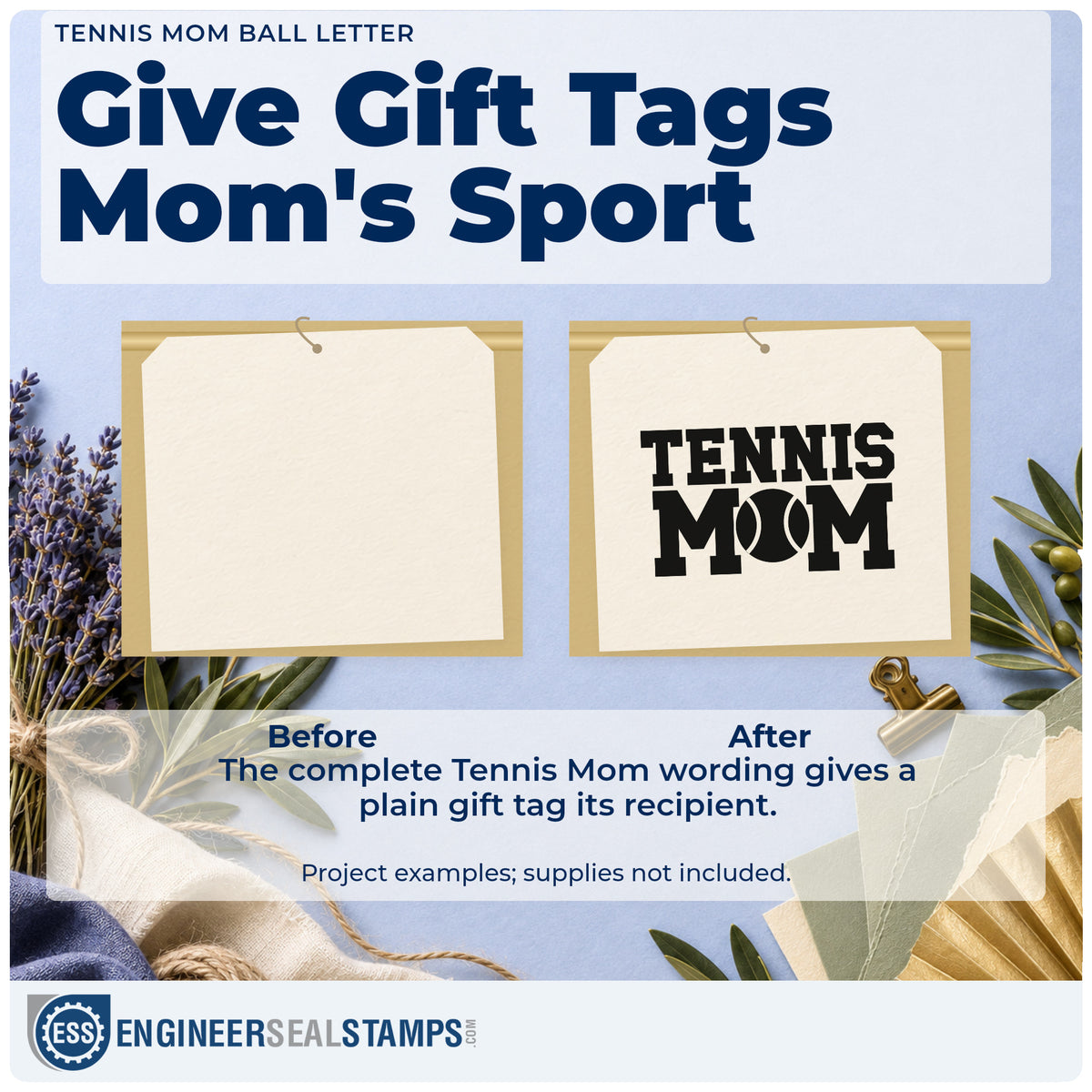 Before and after of a plain item finished with the Tennis Mom Ball Letter Pre-Inked Stamp – PSI, a quick upgrade for framed garage door.
