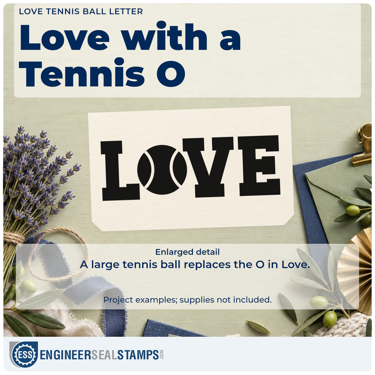 Enlarged detail of the Pre-Inked Love With Tennis Ball Center Stamp – PSI imprint. LOVE uses a large tennis ball in place of the O.
