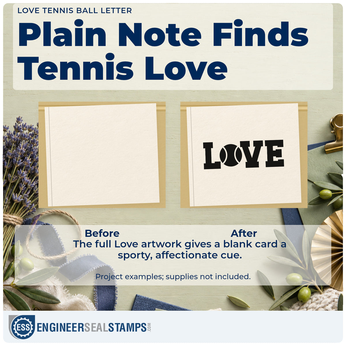 Before and after of a plain item finished with the Love With Tennis Ball Center Hand Stamp – Duo, a quick upgrade for framed club patio.