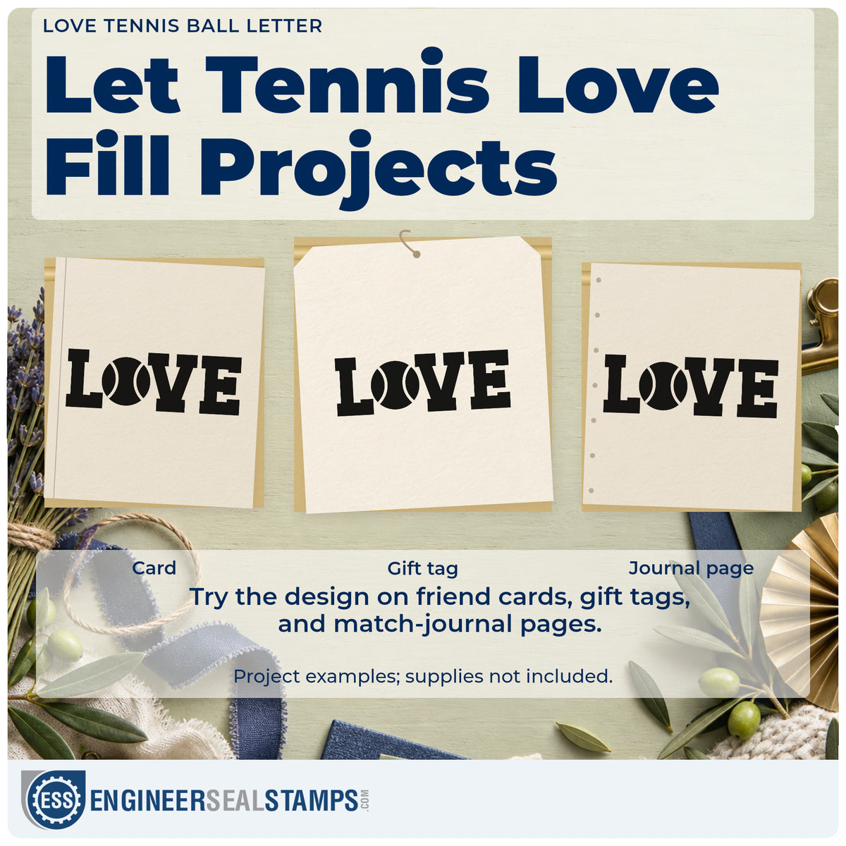 Three project examples made with the Pre-Inked Love With Tennis Ball Center Stamp – PSI, including round robin sheet.