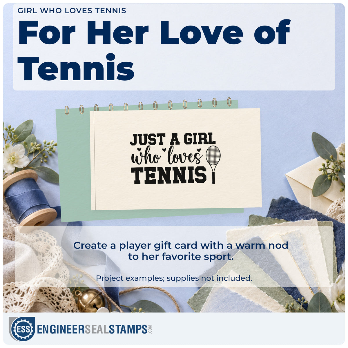 A finished handmade project stamped with the Just A Girl Who Loves Tennis Stamp – Wood Handle, ideal for recruit album page.