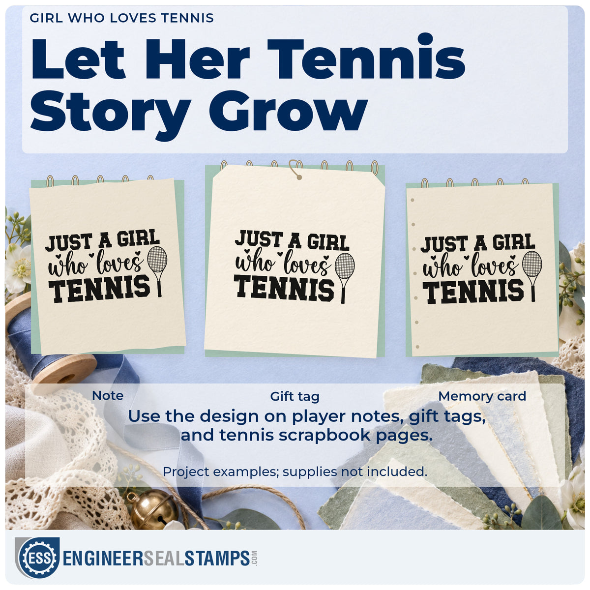 Three project examples made with the Just A Girl Who Loves Tennis Compact Pre-Inked Stamp – Slim, including contact track sheet.